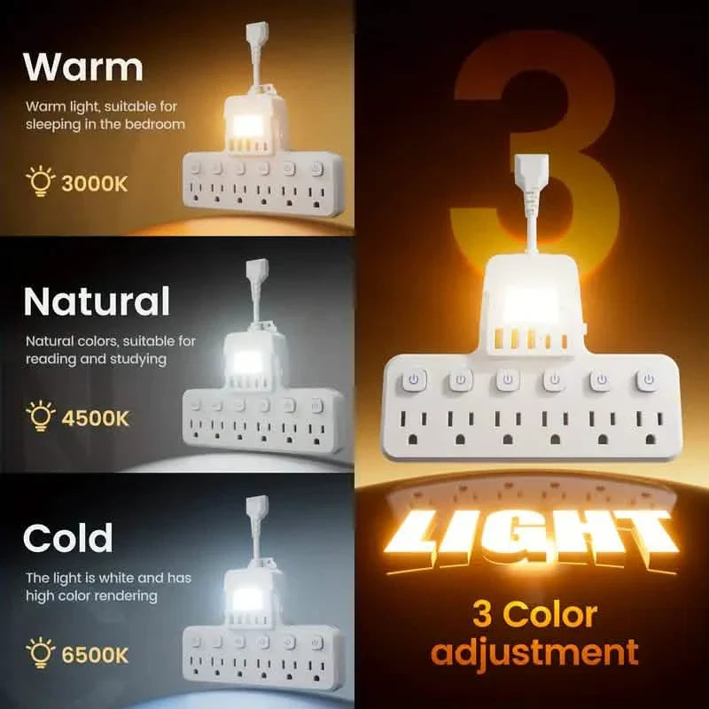 12-in-1 adjustable desk lamp power strip with 6 AC outlets, 3 USB-A ports, 2 Type-C ports, and surge protection, DailySale.