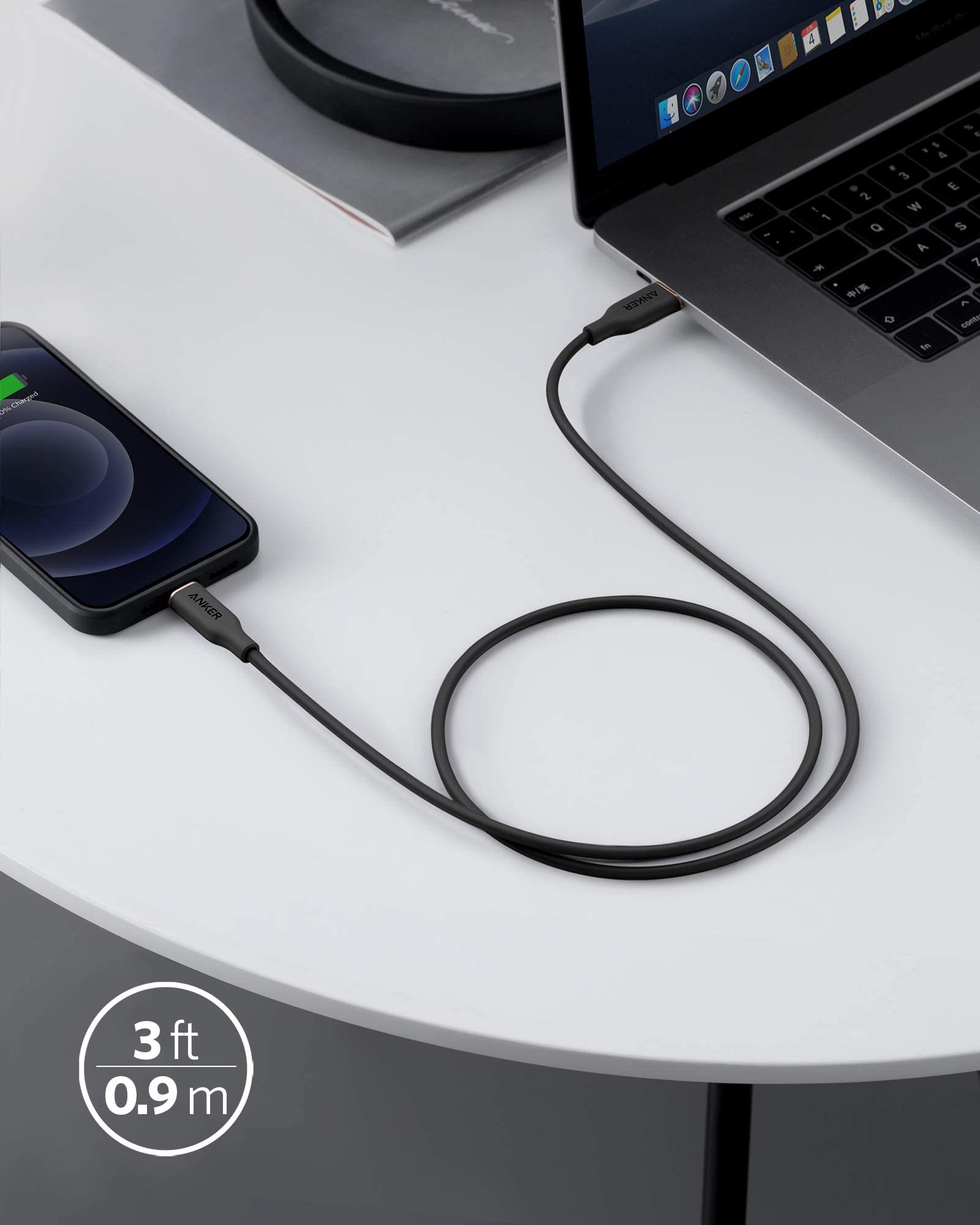 Anker 641 USB-C to Lightning silicone charging cable, 3ft black, MFi certified, bend-rated for durability and flexible use.
