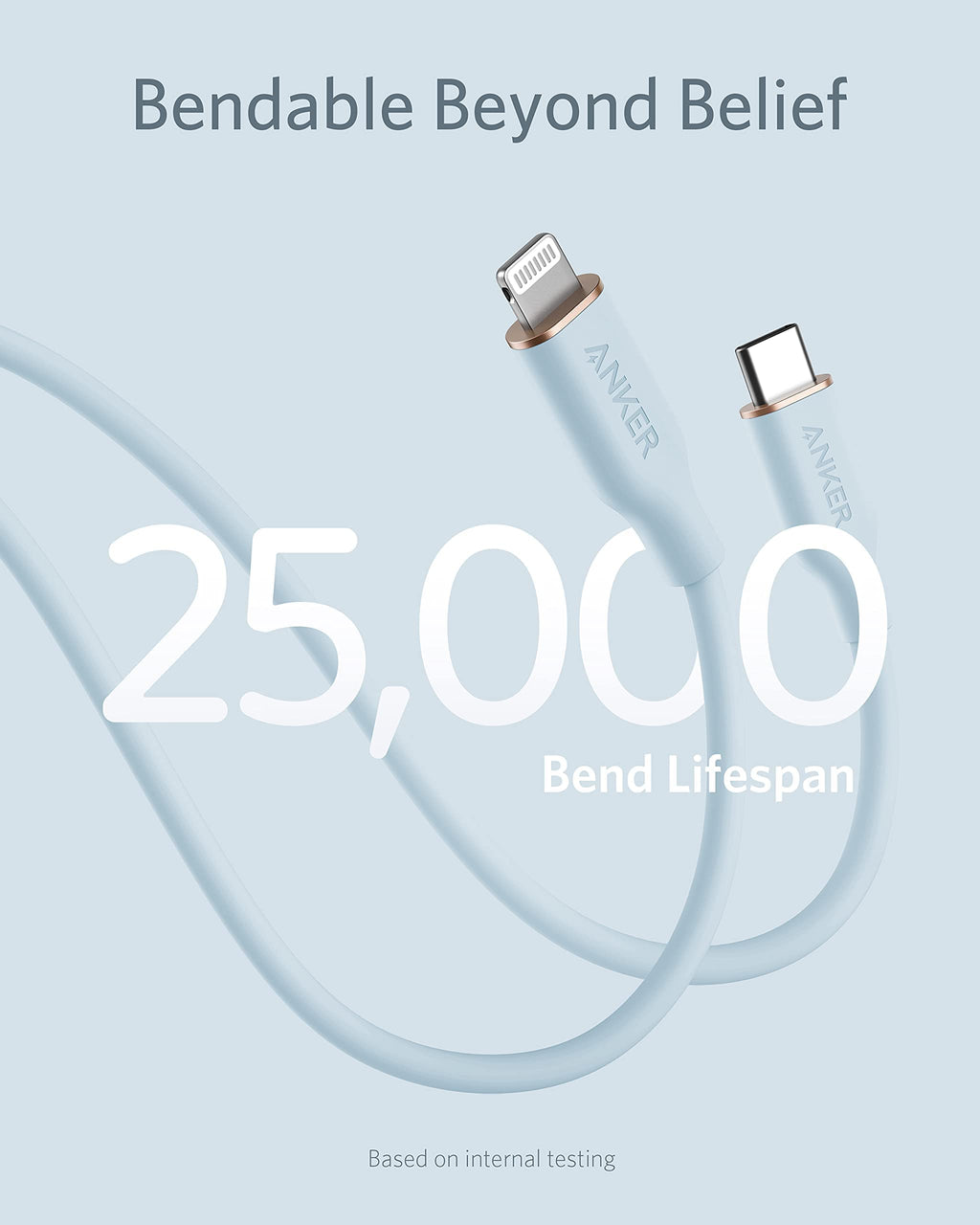 Anker 641 USB-C to Lightning silicone charging cable in blue, MFi certified, 3ft length with 25,000 bend rating.