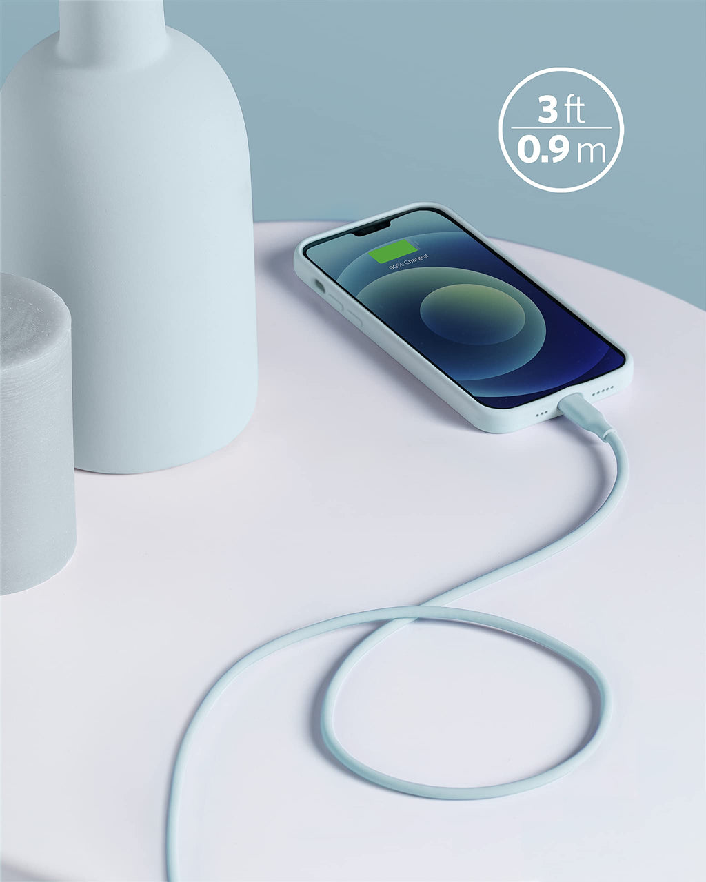 Anker 641 USB-C to Lightning silicone charging cable in blue, 3ft length, MFi certified, bend-rated for durability.