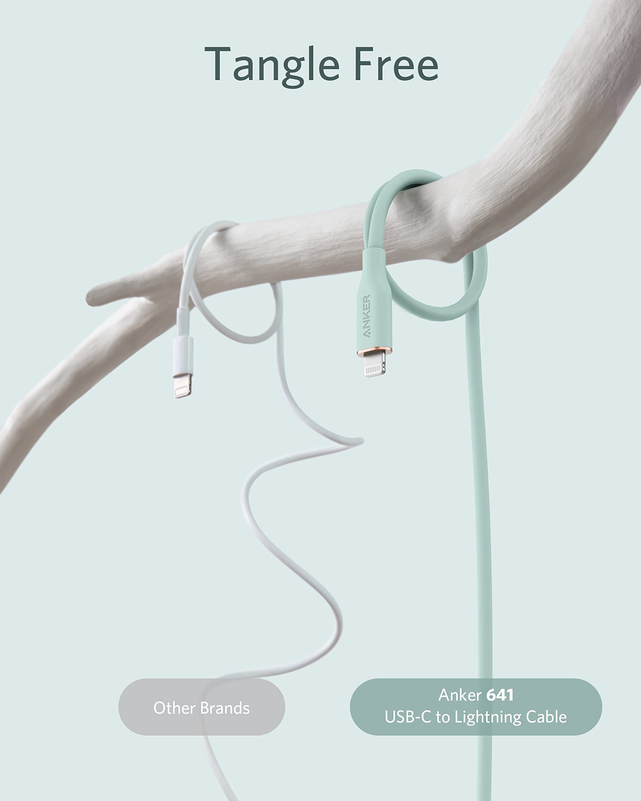 Anker 641 USB-C to Lightning silicone charging cable, 3ft green, MFi certified, bend-rated for durability and reliable charging.