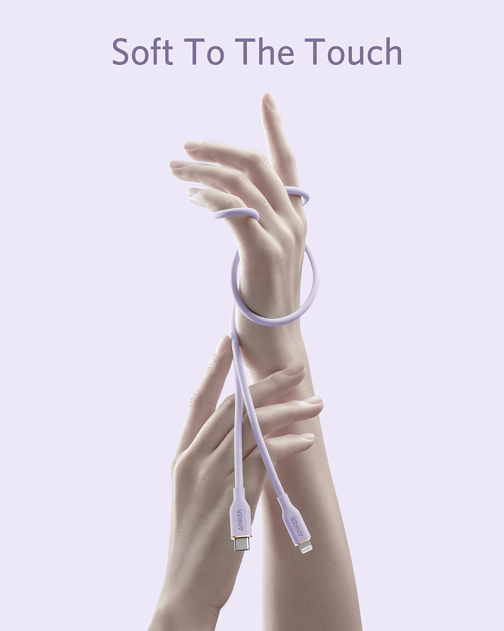 Anker 641 USB-C to Lightning silicone charging cable in light purple, 3ft length, MFi certified and bend-rated for durability.