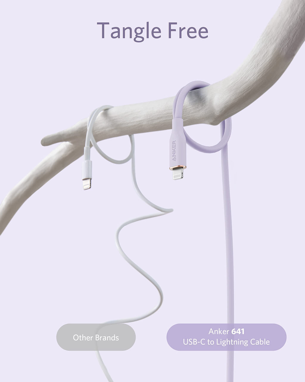 Anker 641 3ft purple USB-C to Lightning silicone charging cable, MFi certified, flexible with 25,000 bend rating.