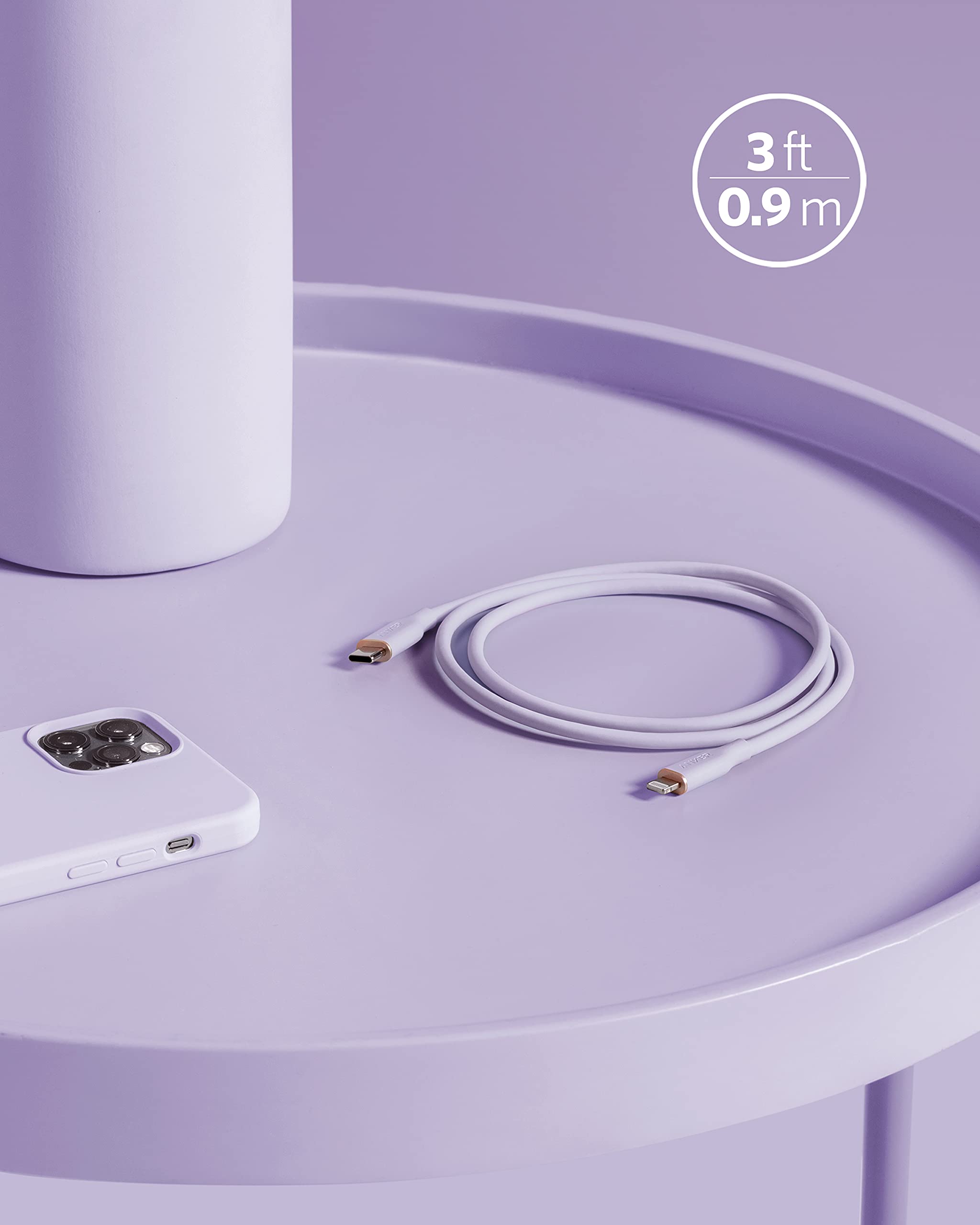 Anker 641 USB-C to Lightning silicone charging cable in light purple, MFi certified, 3 feet long with 25,000 bend rating.
