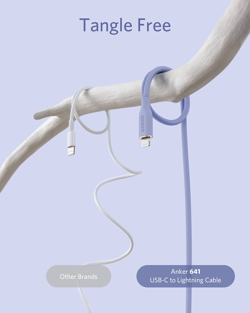 Anker 641 USB-C to Lightning silicone charging cable in purple, 3ft length, MFi certified, bend rated for durability.