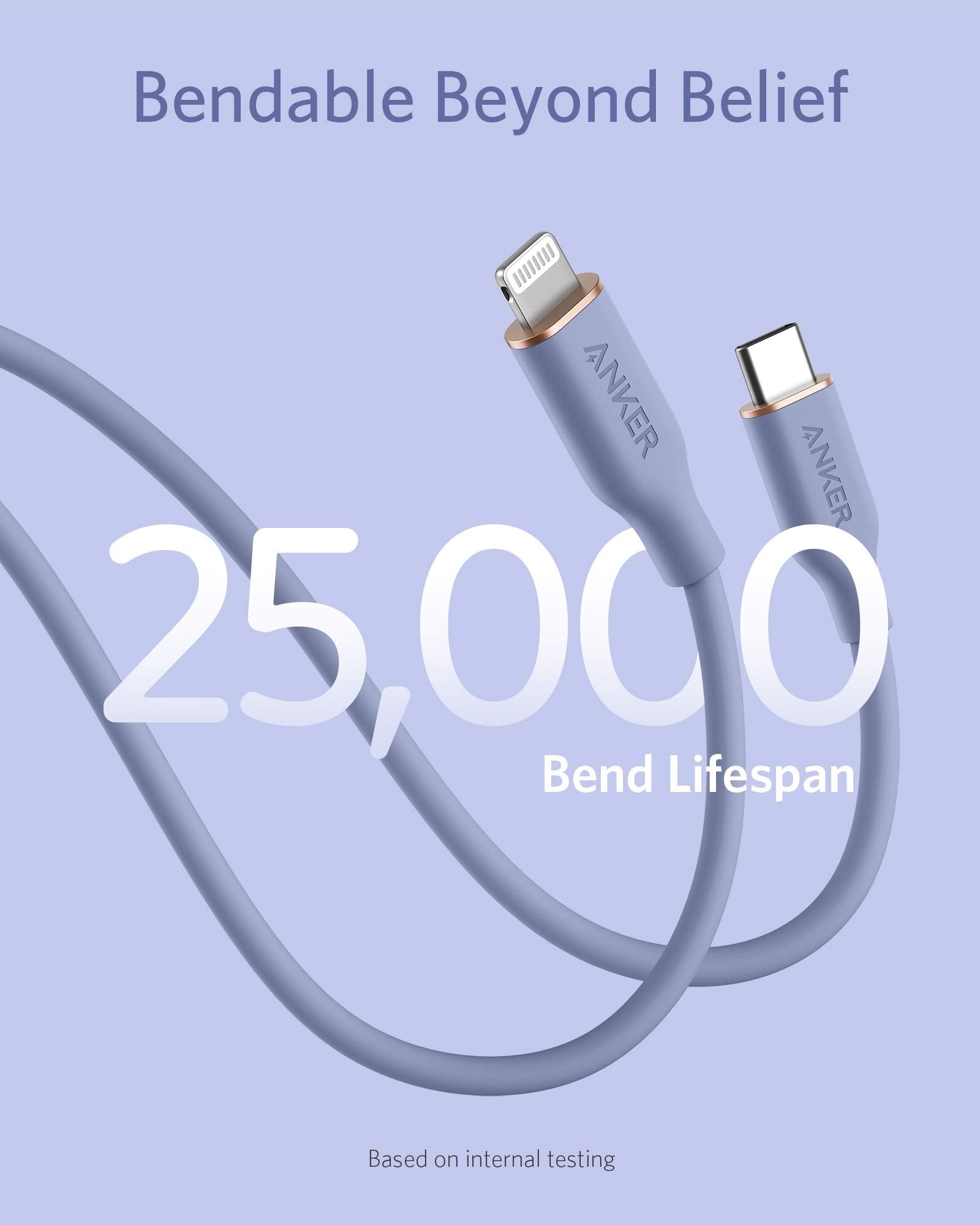 Anker 641 USB-C to Lightning silicone charging cable in purple, 3ft length, MFi certified and 25K-bend rated for durability.