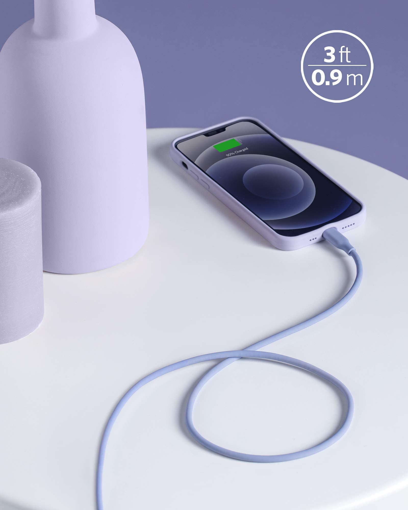 Anker 641 USB-C to Lightning silicone charging cable, 3ft purple, MFi certified, bend-rated for durability.