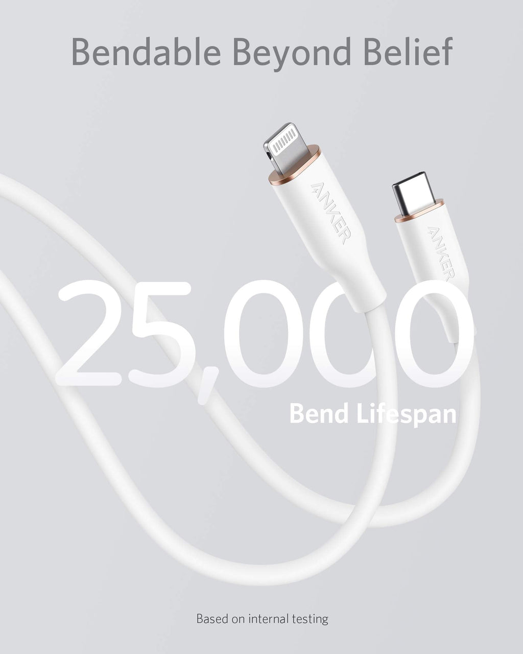 White Anker 641 USB-C to Lightning silicone charging cable, 3ft, MFi certified, bend-rated for durability.