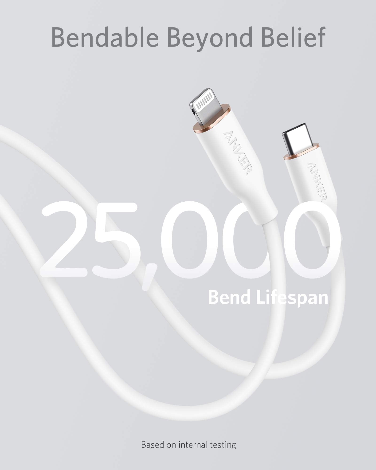 White Anker 641 USB-C to Lightning silicone charging cable, 3ft, MFi certified, bend-rated for durability.