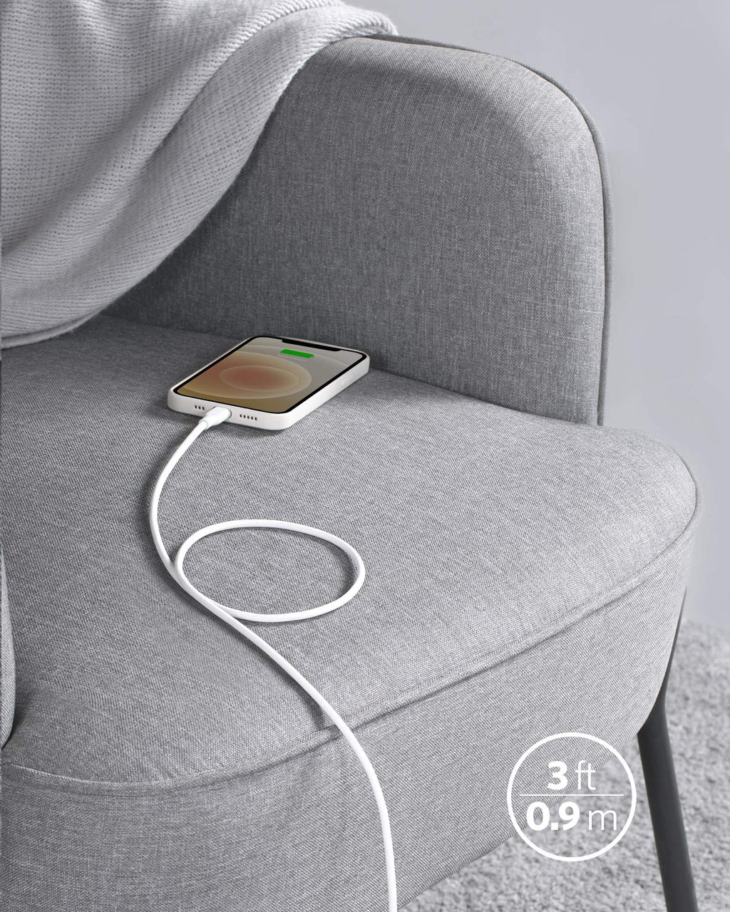 Anker 641 USB-C to Lightning silicone charging cable, white, 3ft long, MFi certified with 25,000 bend rating on a white background.