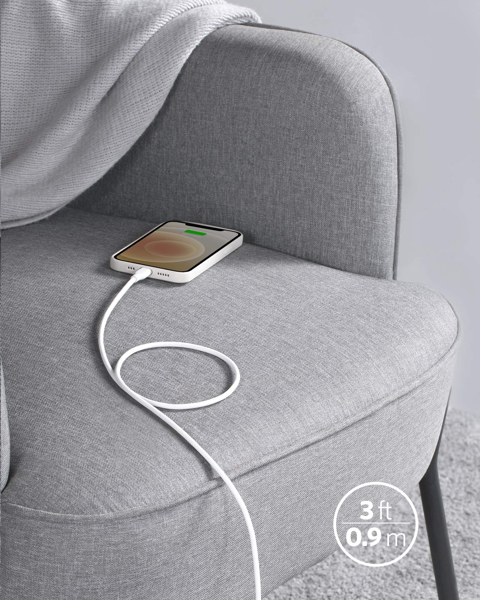 Anker 641 USB-C to Lightning silicone charging cable, white, 3ft long, MFi certified with 25,000 bend rating on a white background.