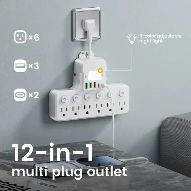 Adjustable 12-in-1 desk lamp power strip with 6 AC outlets, 3 USB-A, 2 Type-C ports, and surge protection from DailySale.