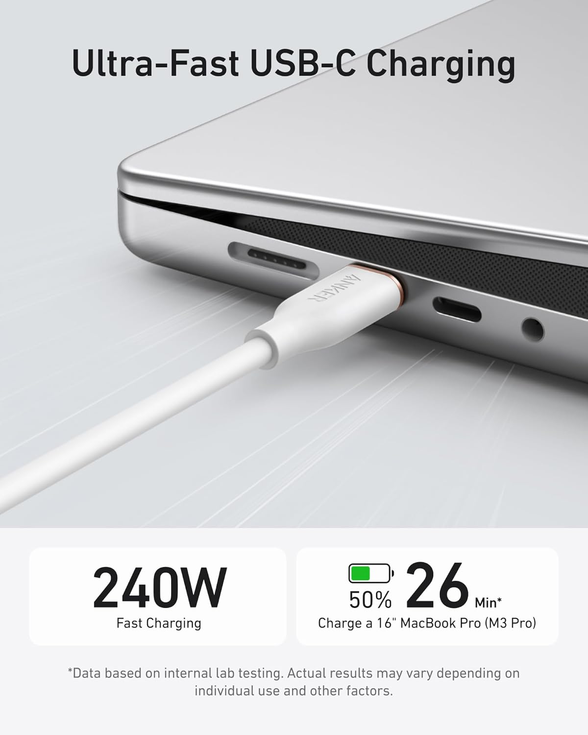 Anker 643 USB-C to USB-C silicone charging cable with 100W fast charging and 25,000 bend cycles durability.