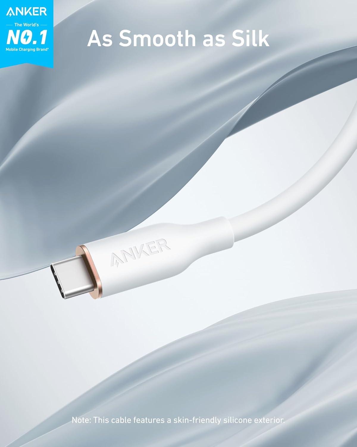 Anker 643 USB-C to USB-C silicone charging cable with 100W fast charging and 25,000 bend cycles, shown in black.