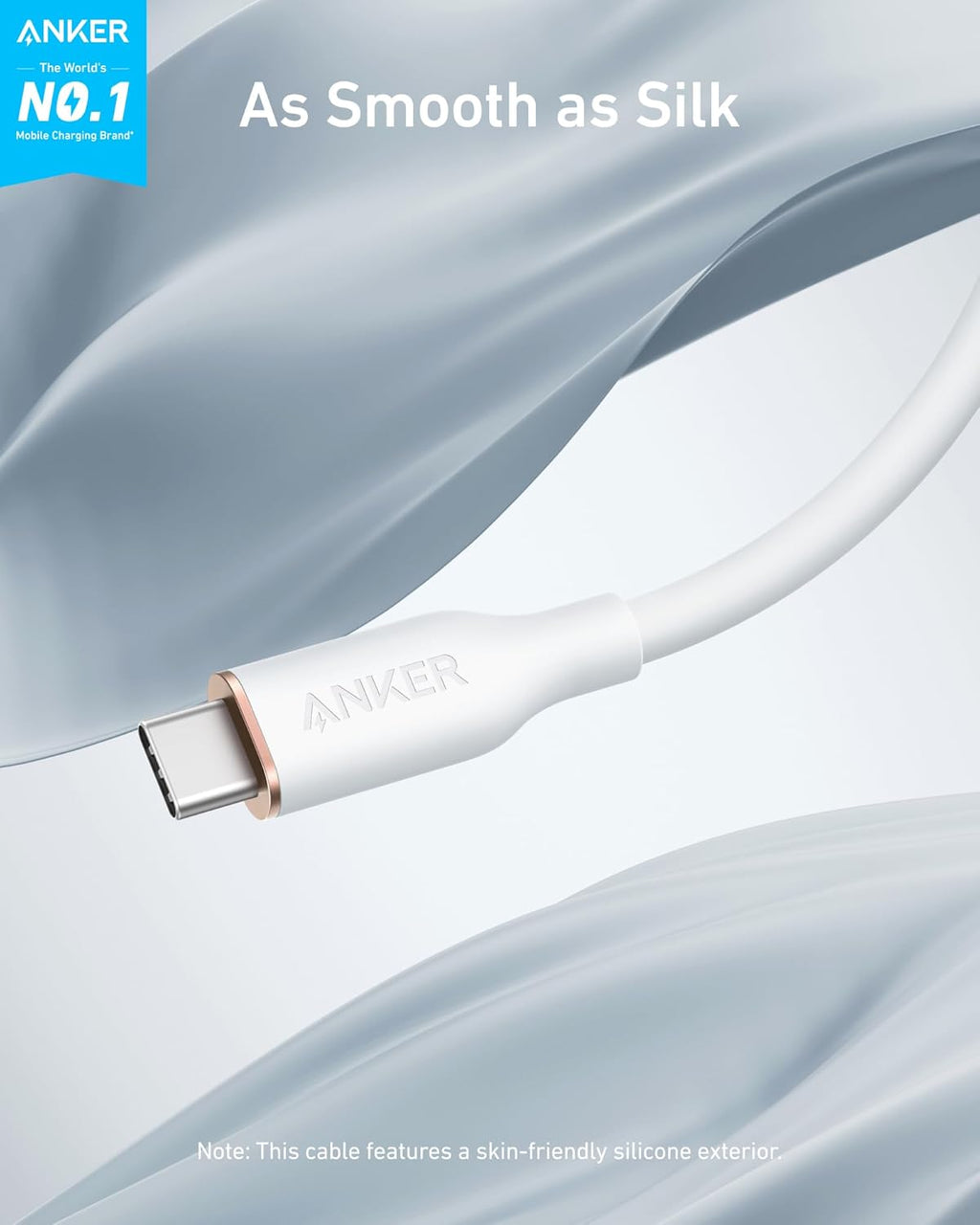 Anker 643 USB-C to USB-C silicone charging cable, 100W fast charging, flexible silicone design, bend-rated for durability