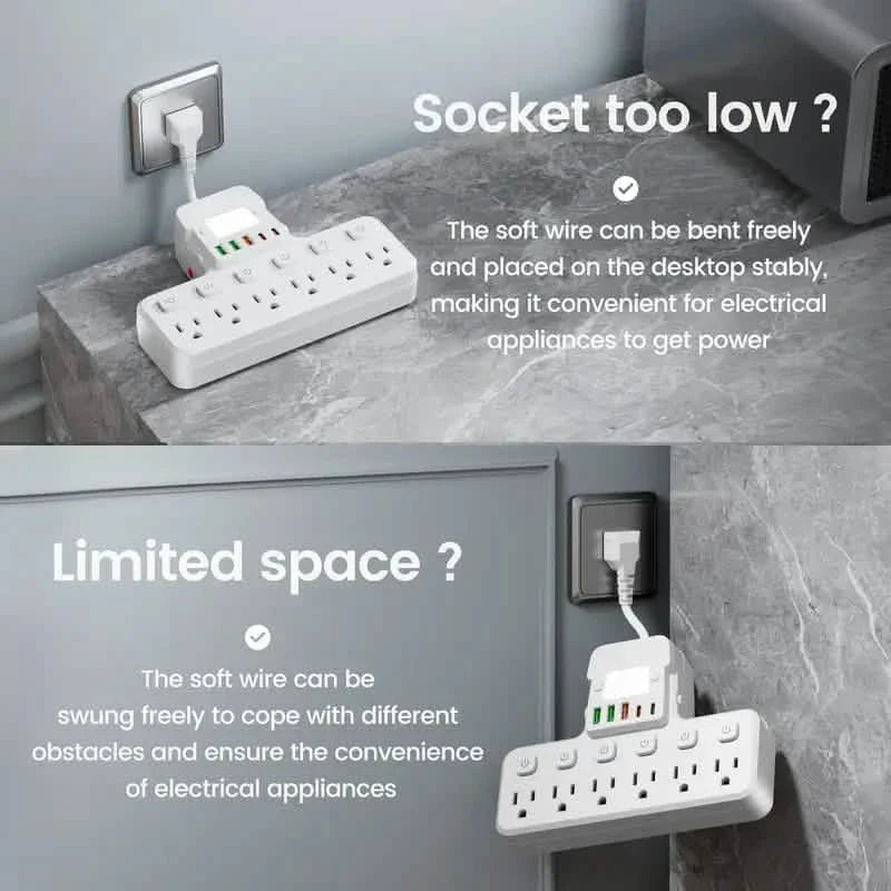 DailySale 12-in-1 adjustable desk lamp power strip with 6 AC outlets, 3 USB-A, 2 Type-C ports, and surge protection.