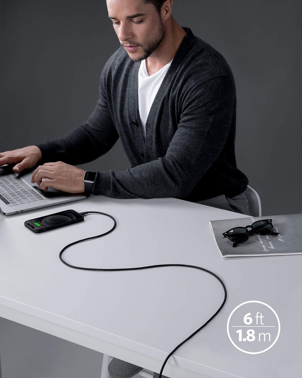 Anker 641 USB-C to Lightning silicone charging cable, 6ft black, MFi certified, bend-rated for durability and flexible charging.