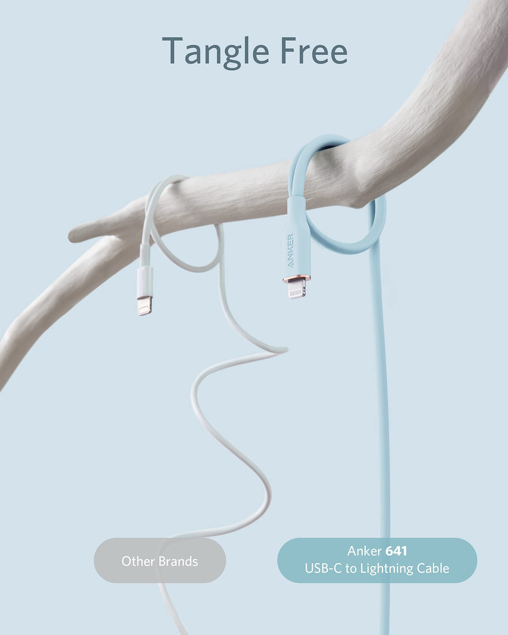 Anker 641 USB-C to Lightning silicone charging cable in blue, 6ft length, MFi certified, bend-rated for durability.