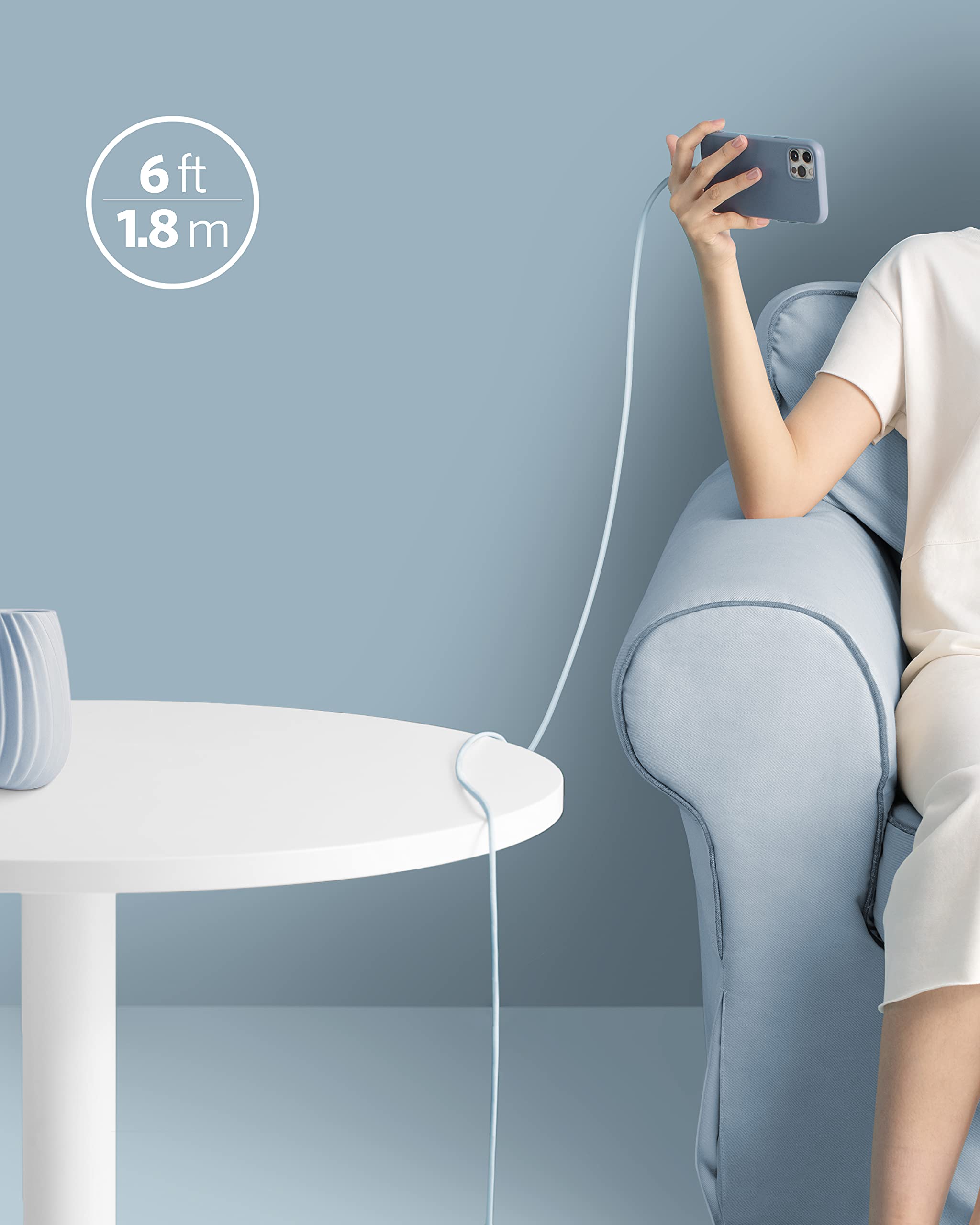 Anker 641 USB-C to Lightning silicone charging cable, 6ft blue, MFi certified, bend-rated for durability and flexible charging.