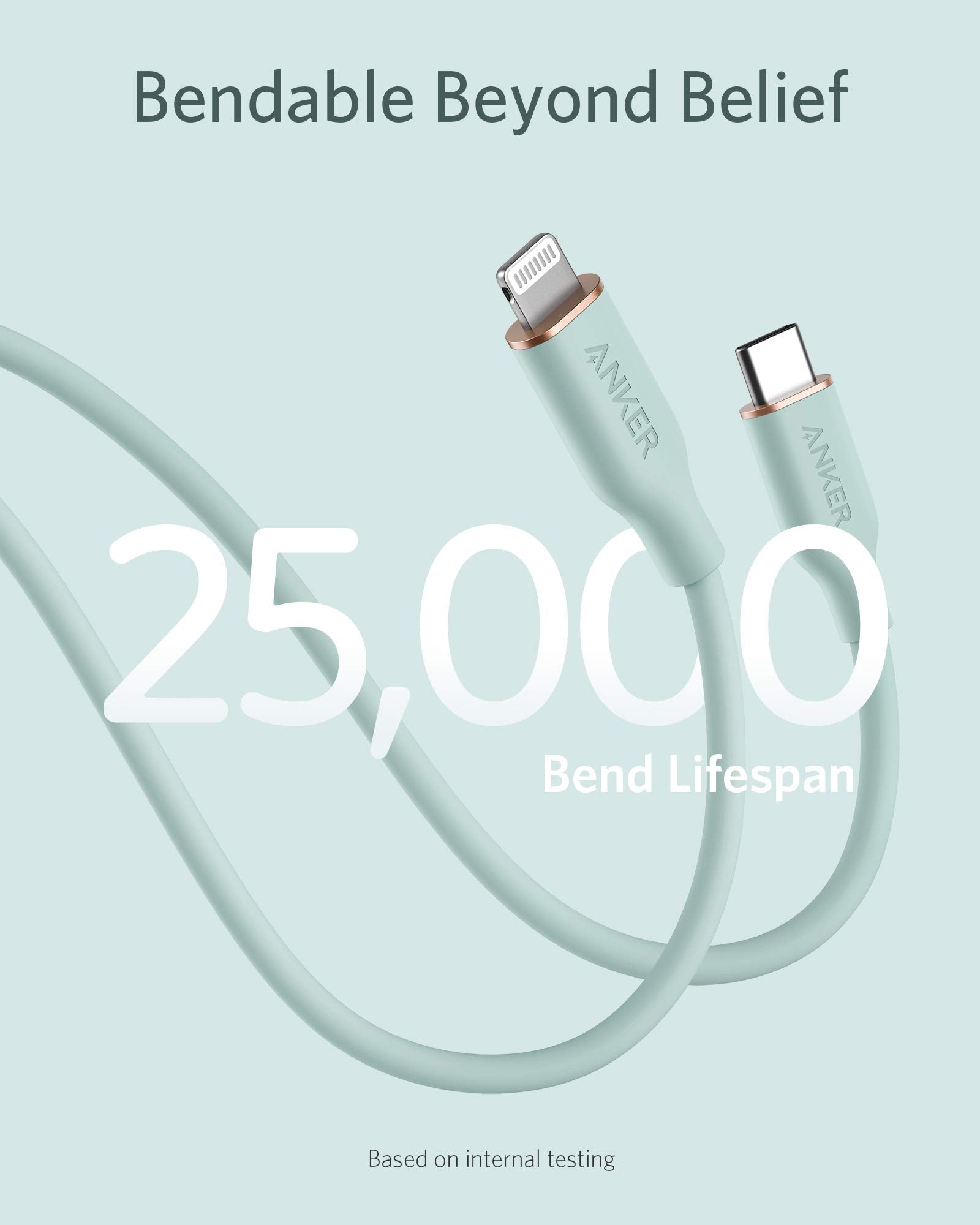 Anker 641 USB-C to Lightning silicone charging cable, 6ft green, MFi certified, bend-rated for durability, ideal for Apple devices