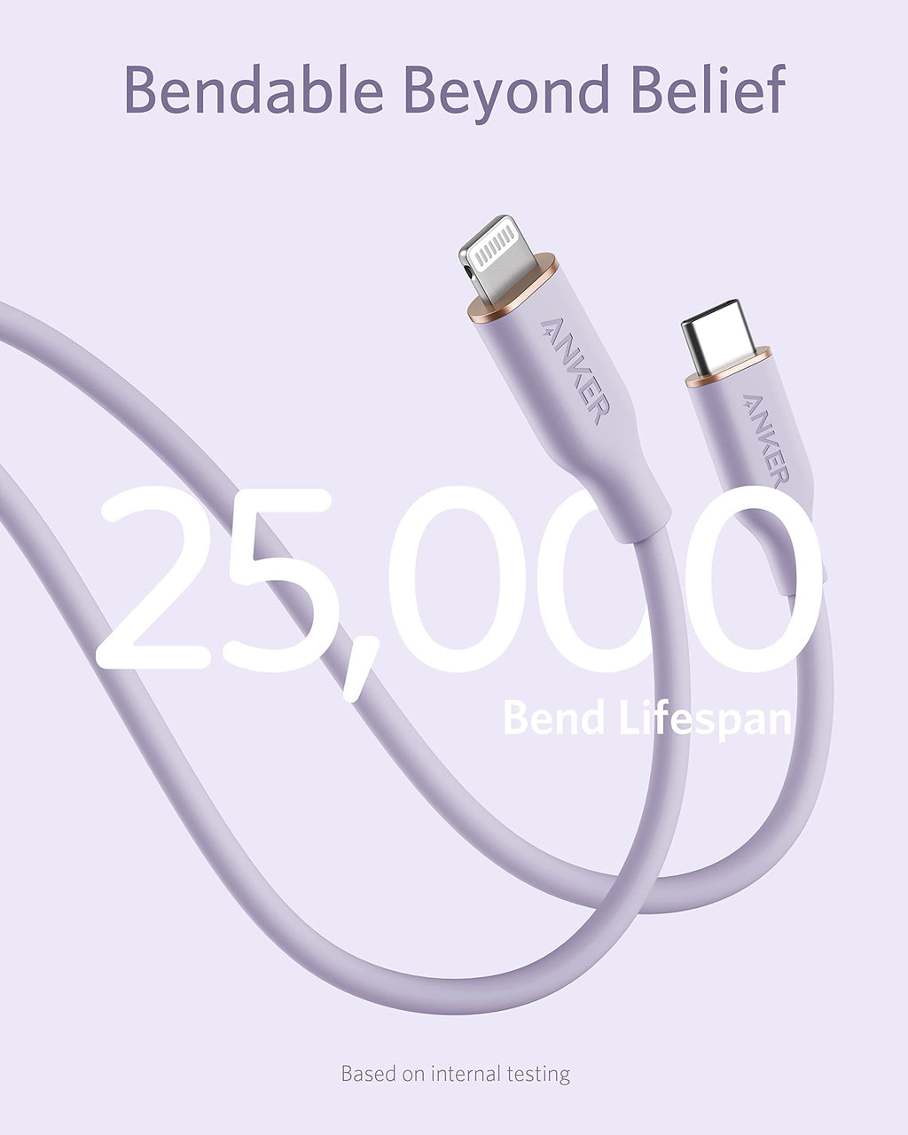 Anker 641 USB-C to Lightning silicone charging cable in light purple, 6 feet long, MFi certified and bend rated for durability.