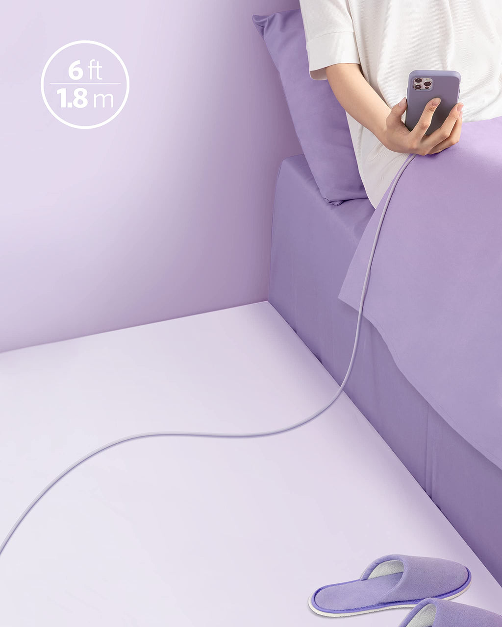Anker 641 USB-C to Lightning silicone charging cable in light purple, 6ft length, MFi certified, bend-rated for durability.