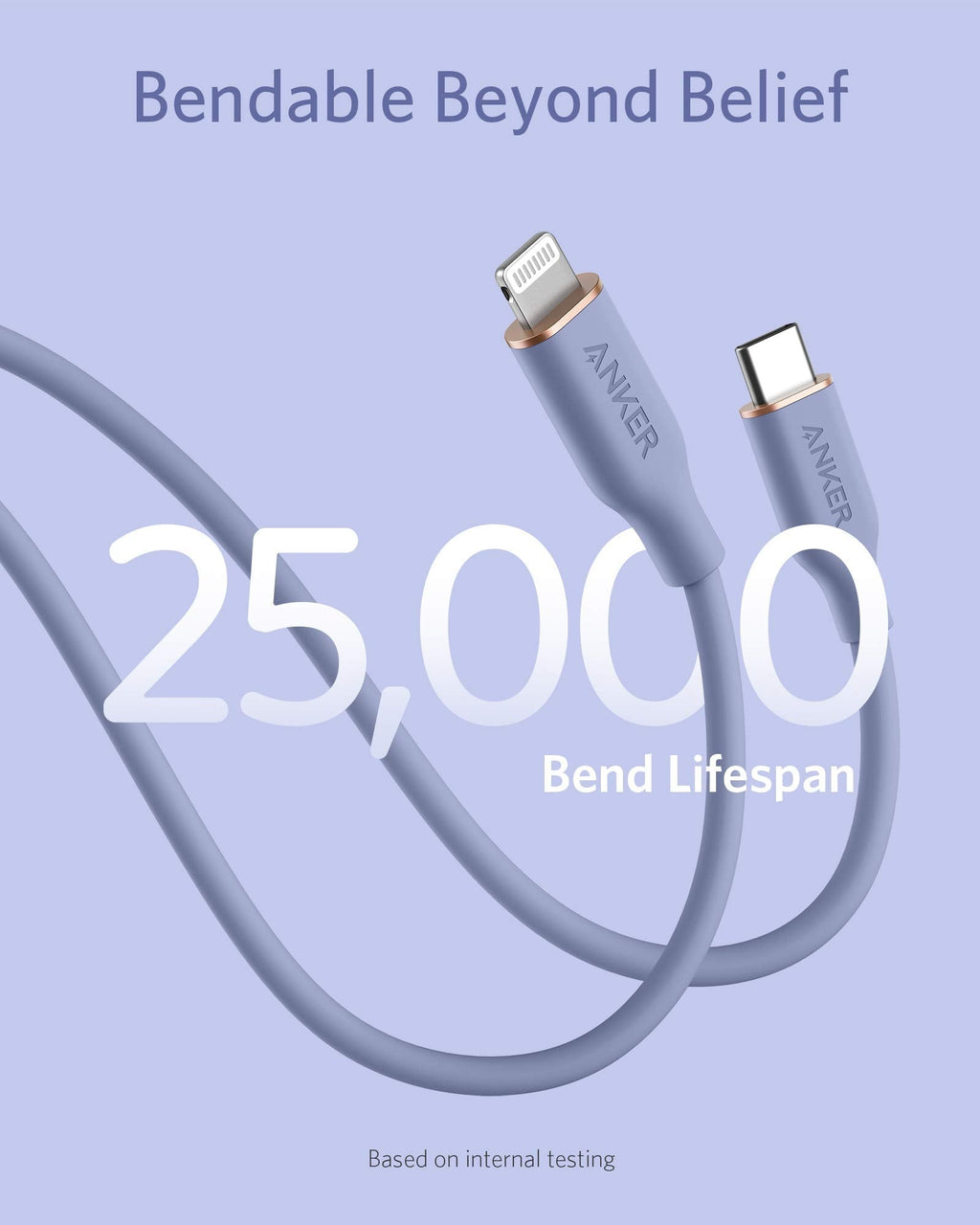 Anker 641 USB-C to Lightning silicone charging cable in purple, 6 feet long, MFi certified and bend rated for durability.