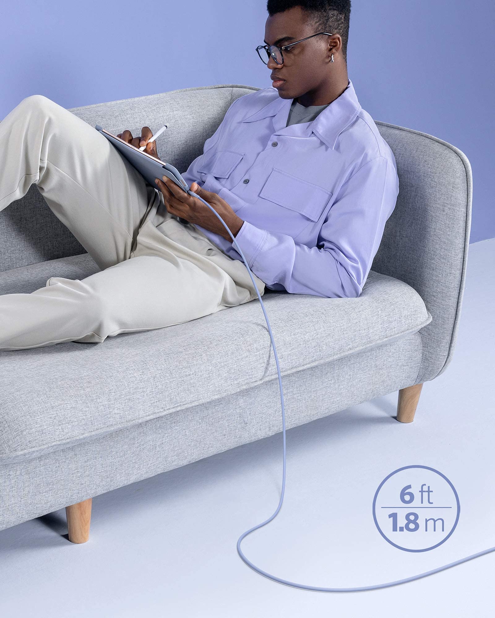 Anker 641 USB-C to Lightning silicone charging cable in purple, 6ft length, MFi certified, bend-rated for durability