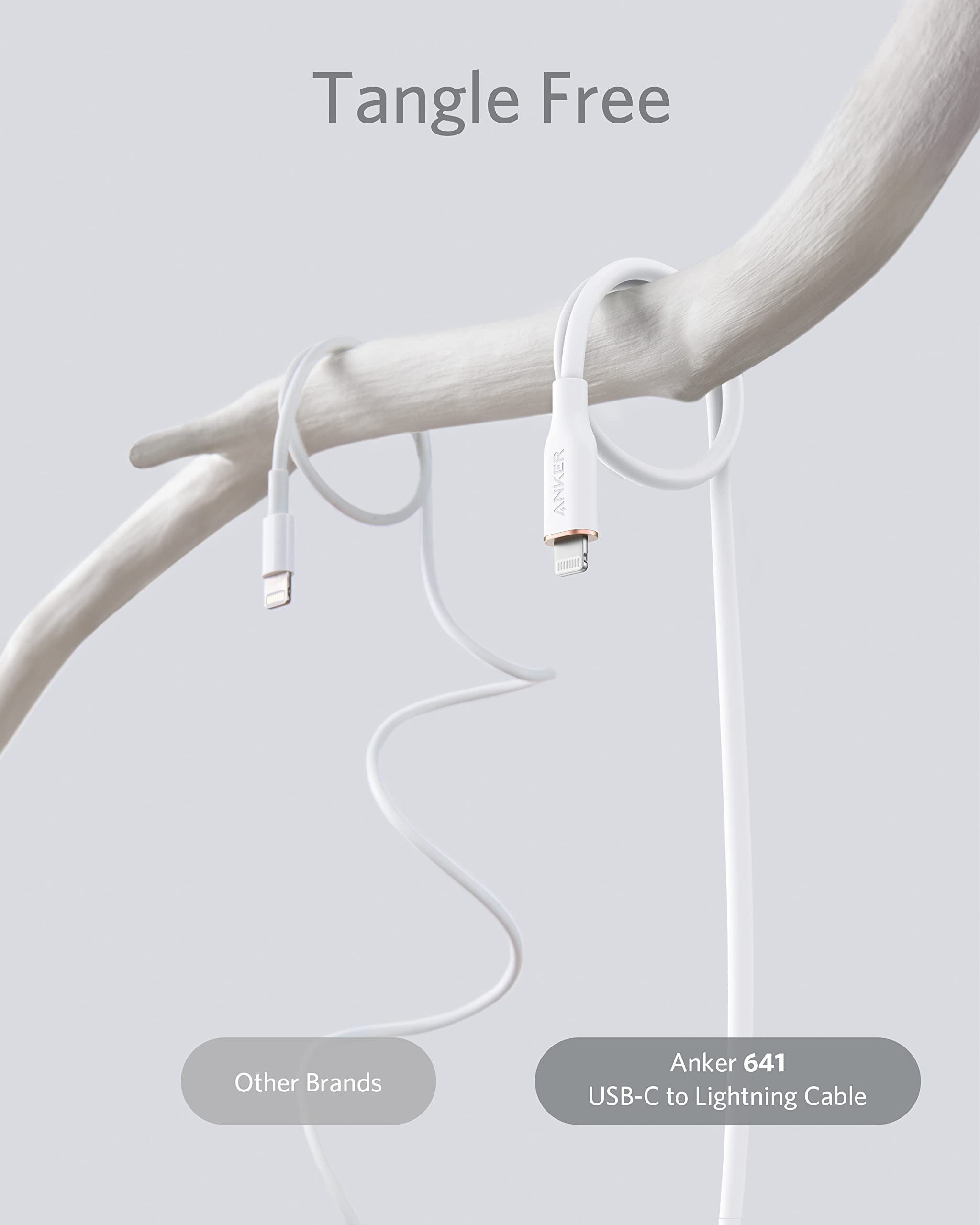 Anker 641 USB-C to Lightning silicone charging cable, 6ft white, MFi certified, bend rated for durability and reliable charging.