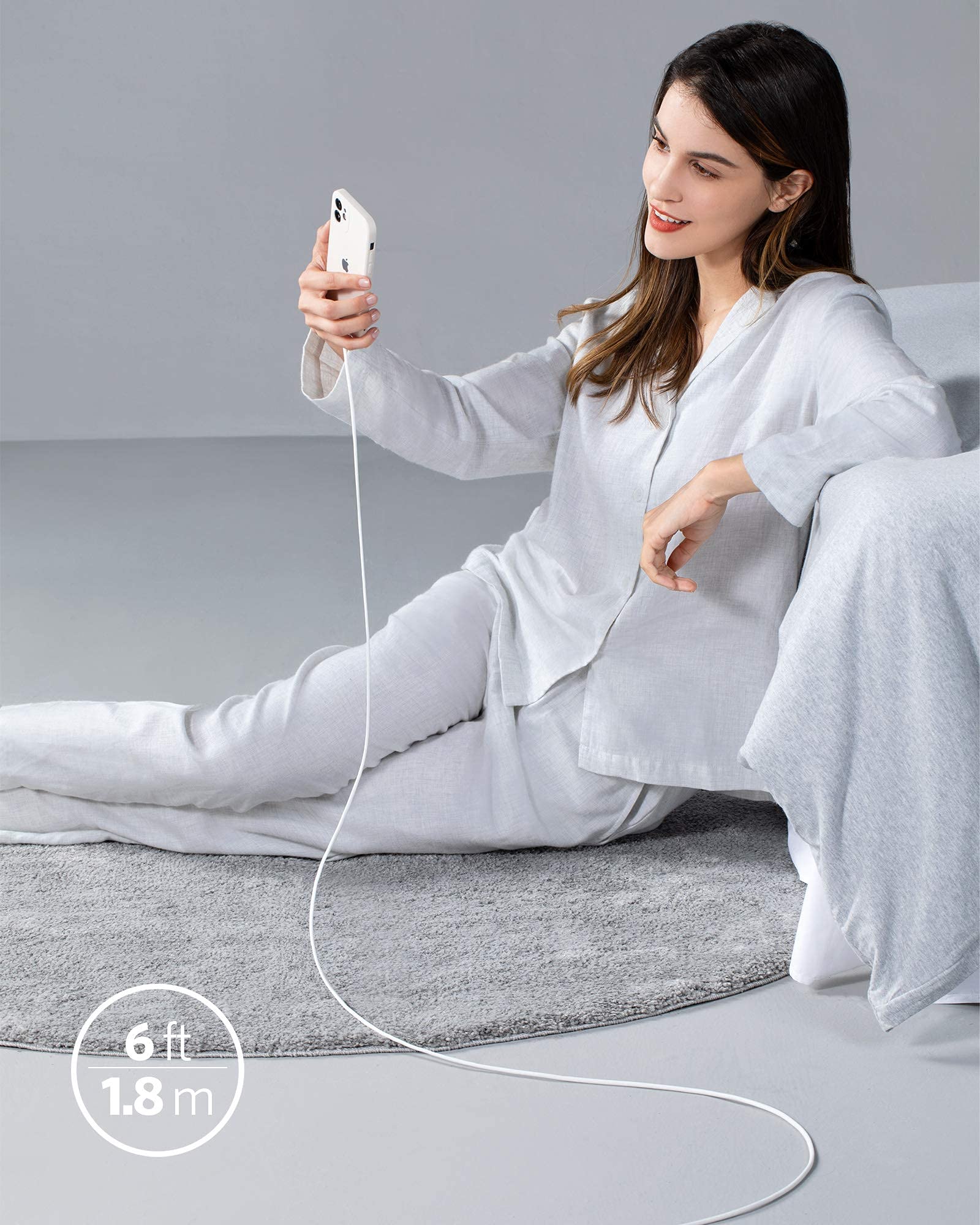 Anker 641 USB-C to Lightning silicone charging cable in white, 6ft long, MFi certified, flexible and bend-rated for durability.