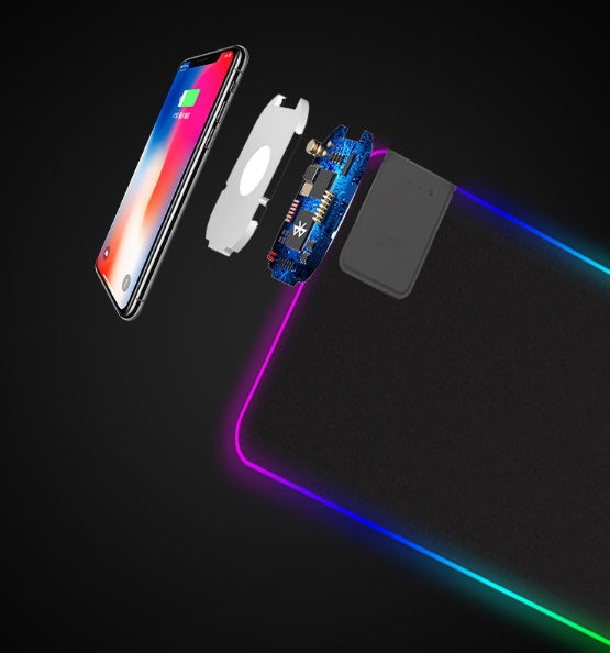 Colorful RGB glowing wireless charger with LED light on a stylish mouse pad by FLIPSTYLEZLLC, featuring vibrant illumination and smooth surface.