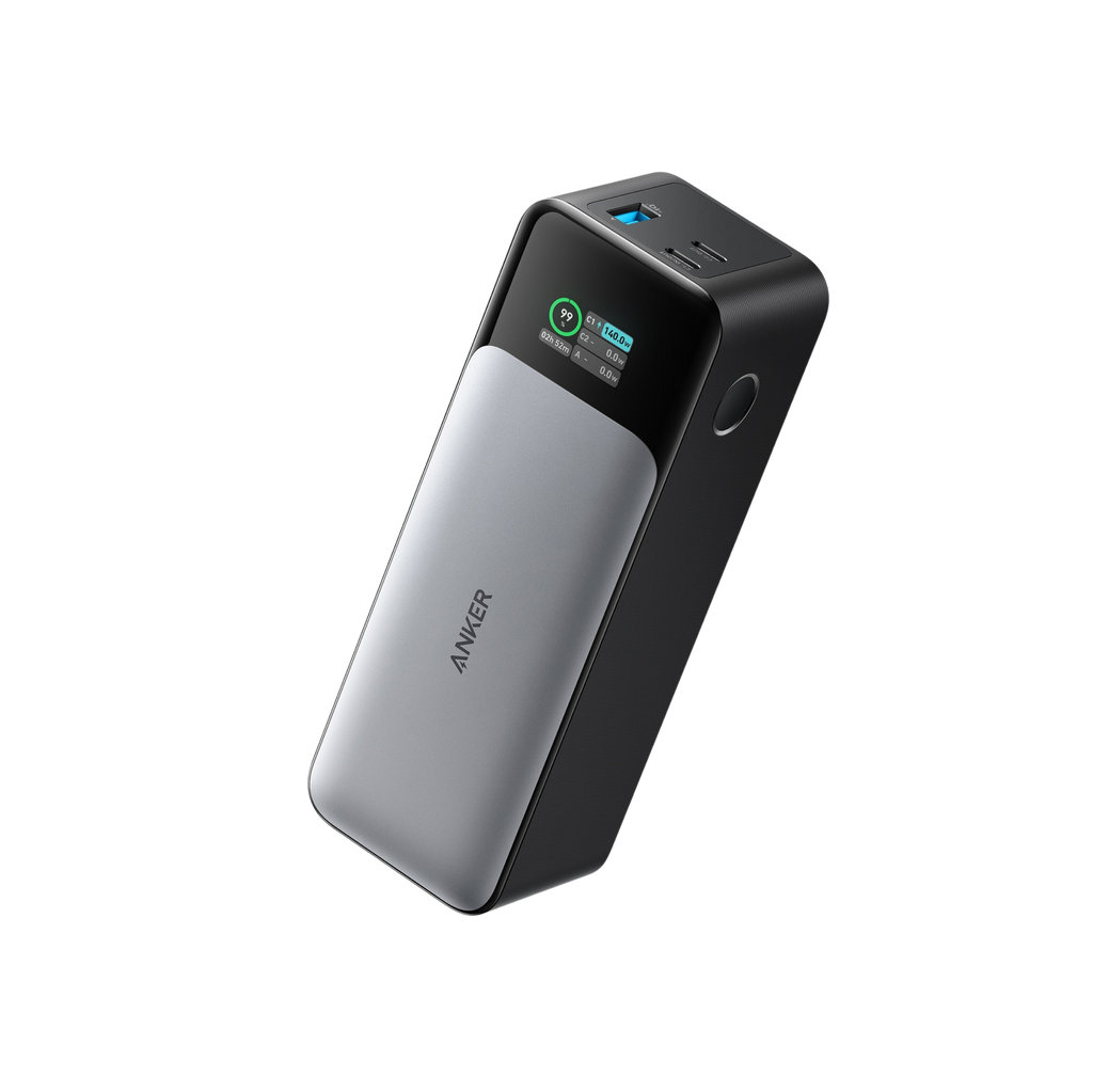 Anker 737 Power Bank with 24,000mAh capacity and 140W fast charging for laptops and mobile devices, shown in a sleek black design.