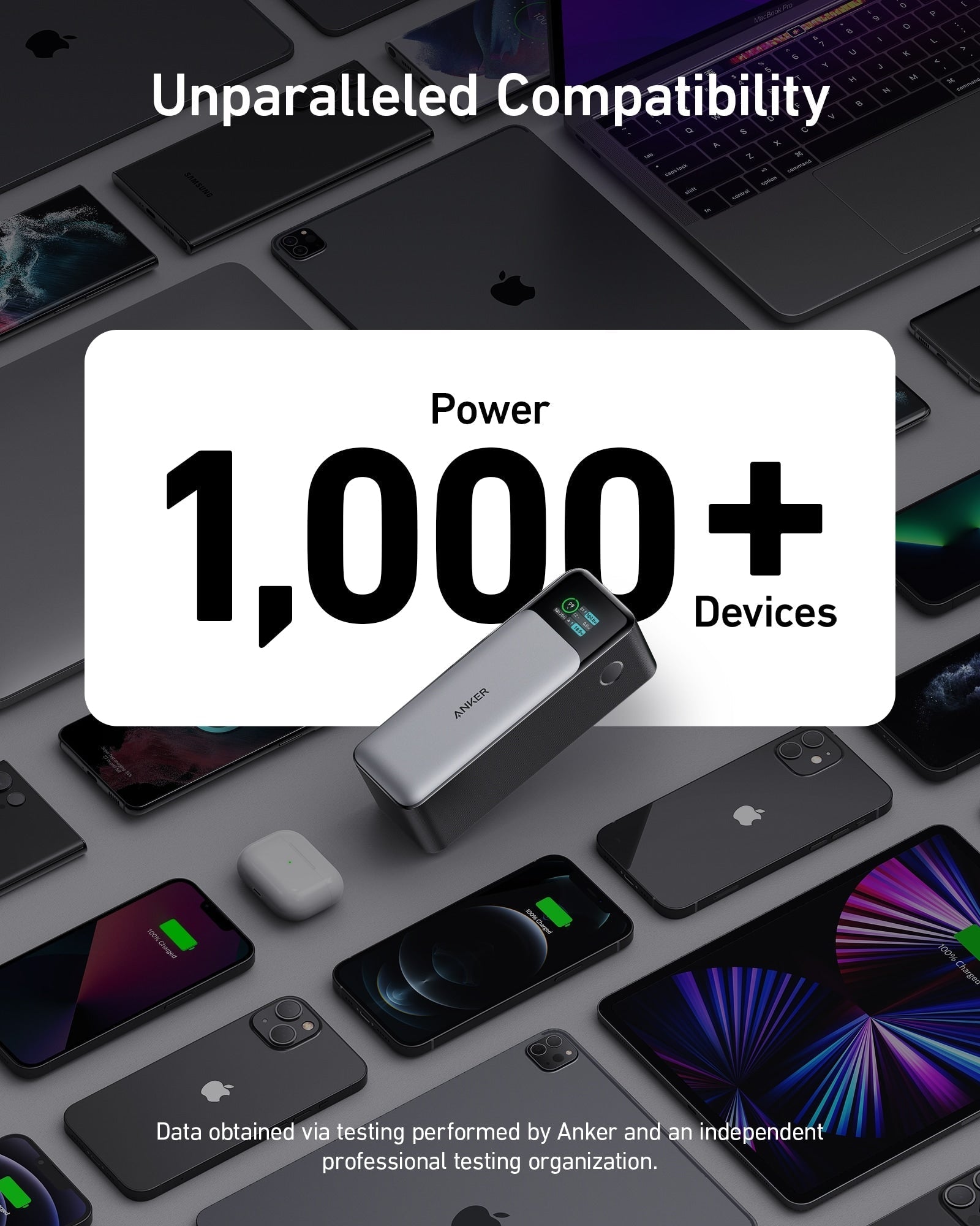 Anker 737 Power Bank with 24,000mAh capacity and 140W fast charging, shown connected to a laptop and devices.