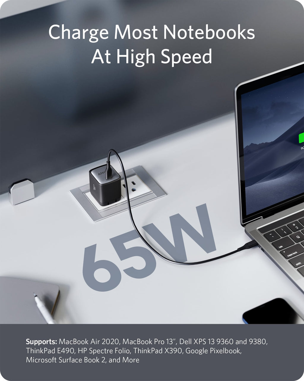 Anker 715 Nano II 65W GaN charger, compact fast charger with multiple ports for smartphones, tablets, and laptops, on a white background.