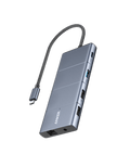 Anker 565 USB-C Hub with dual display ports and 100W charging, showing multiple USB and HDMI connections on a sleek black hub.