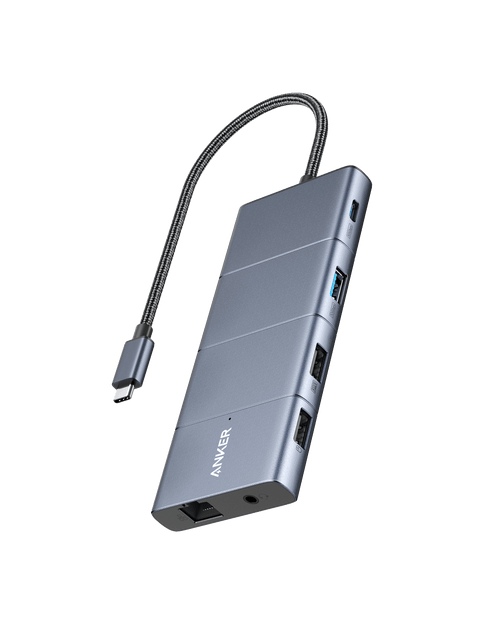 Anker 565 USB-C Hub with dual display ports and 100W charging, showing multiple USB and HDMI connections on a sleek black hub.