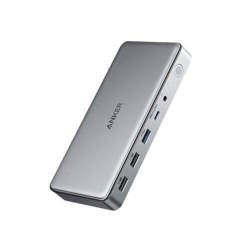 Anker 563 USB-C Docking Station with 10-in-1 ports, showcasing multiple USB-C, HDMI, and Ethernet connections for charging and connectivity.