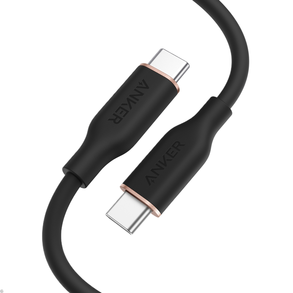 Anker 643 USB-C to USB-C silicone charging cable with 100W fast charging, flexible design, and 25,000 bend cycles.