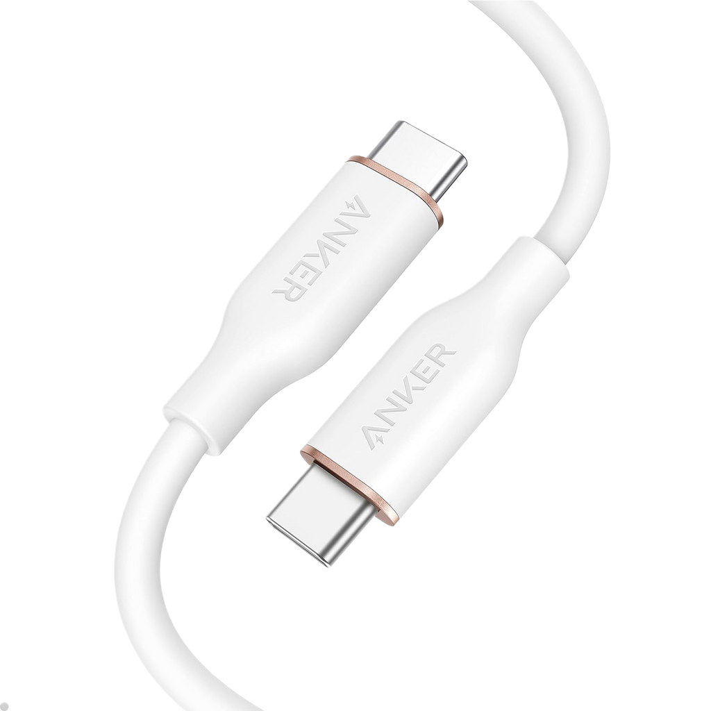 Anker 643 USB-C to USB-C silicone charging cable with 100W fast charging, flexible design, and 25,000 bend rating.