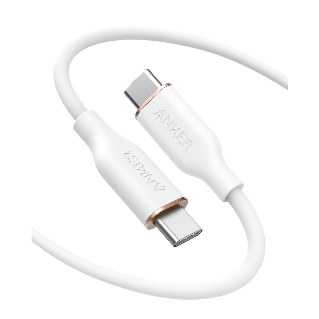 Anker 643 USB-C to USB-C silicone charging cable, 100W fast charging, flexible and durable with 25K-bend rating, shown connected to devices.