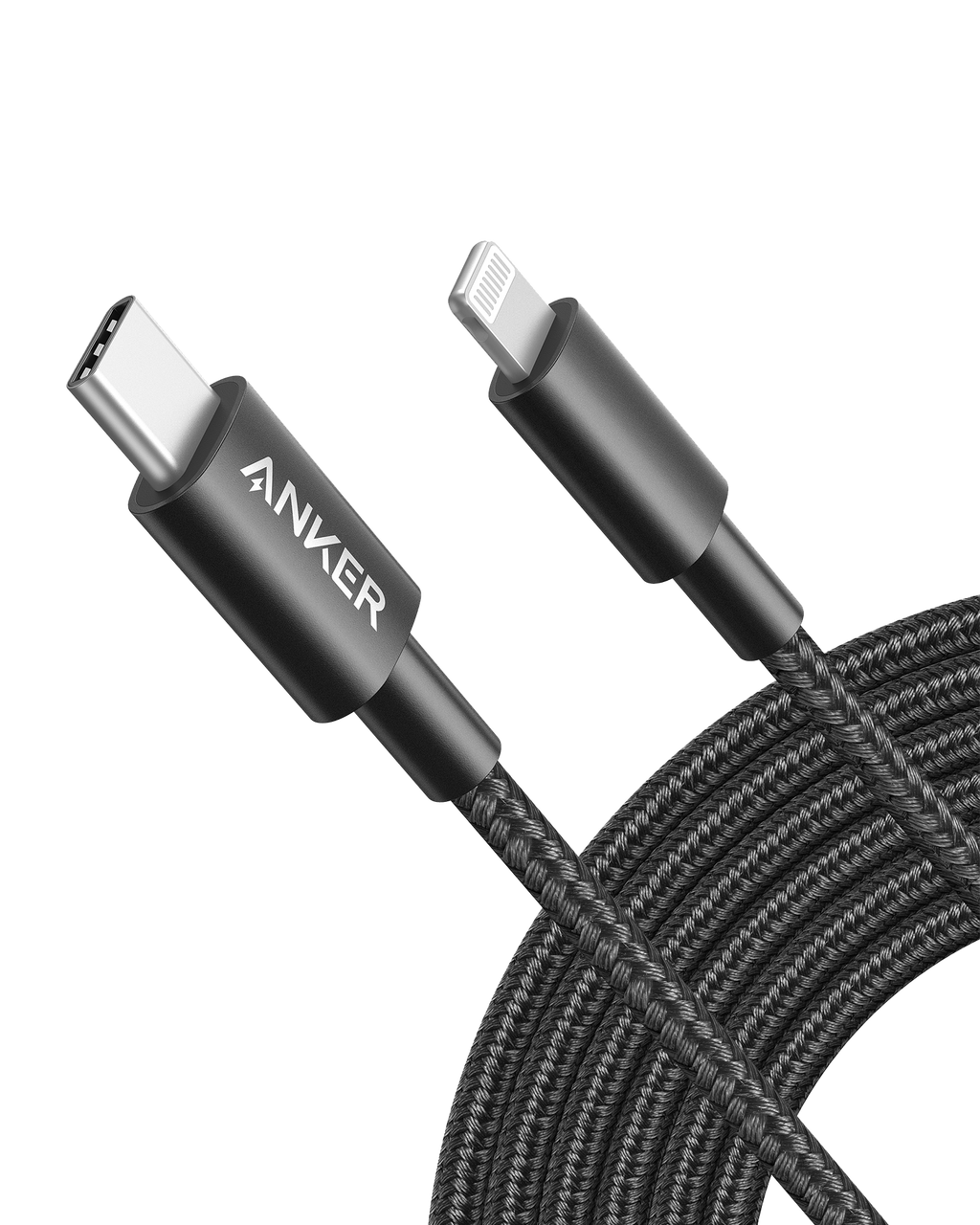 Anker 331 USB-C to Lightning cable with nylon braid, MFi certified, suitable for charging devices, shown in close-up.