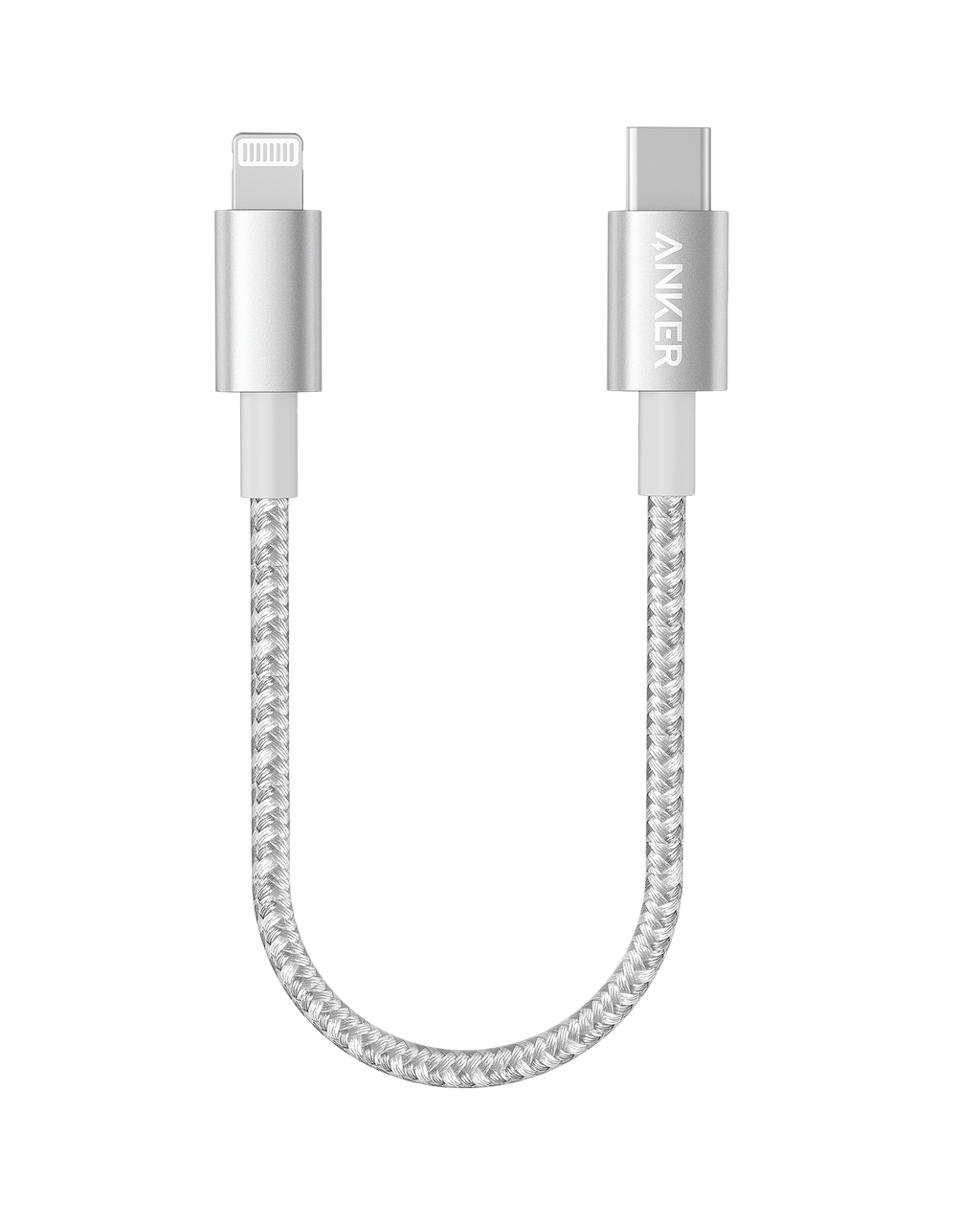 Anker 331 USB-C to Lightning charging cable with nylon braiding and MFi certification, shown coiled on a white background.