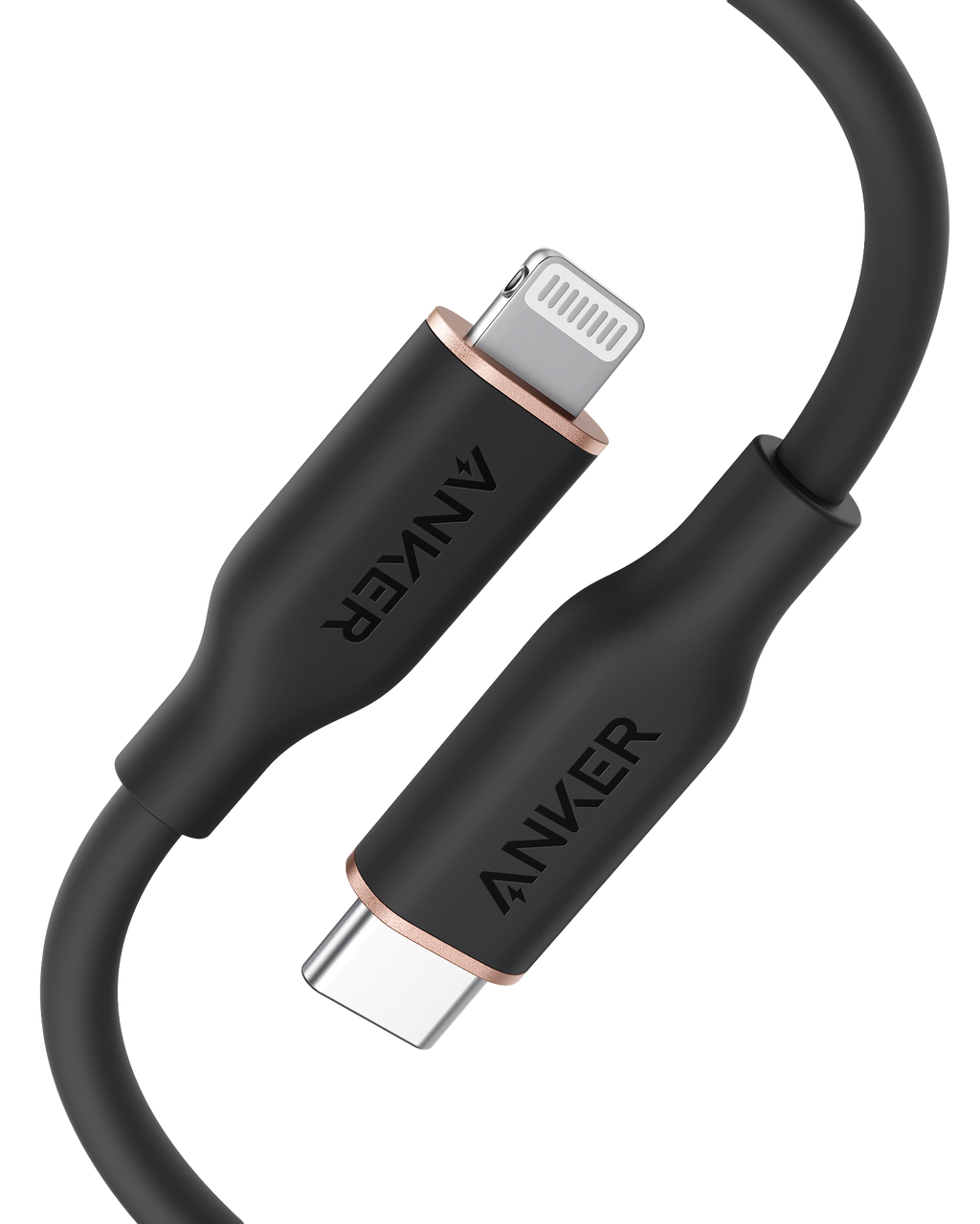 Anker 641 USB-C to Lightning silicone charging cable, MFi certified, 25K-bend rated, shown coiled with connectors visible.