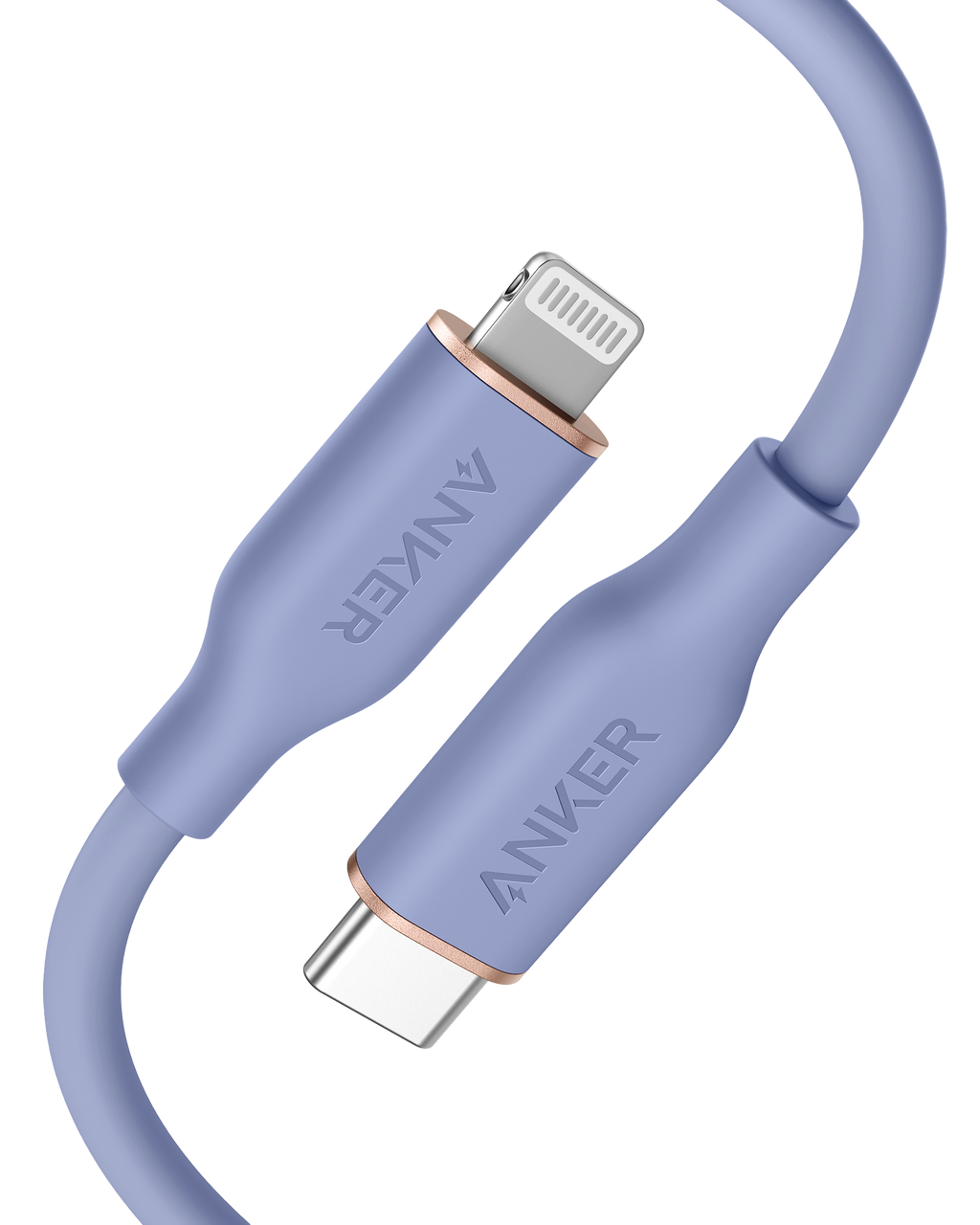 Anker 641 USB-C to Lightning silicone charging cable, MFi certified, 25K-bend rated, with a close-up of the flexible cable and connectors.