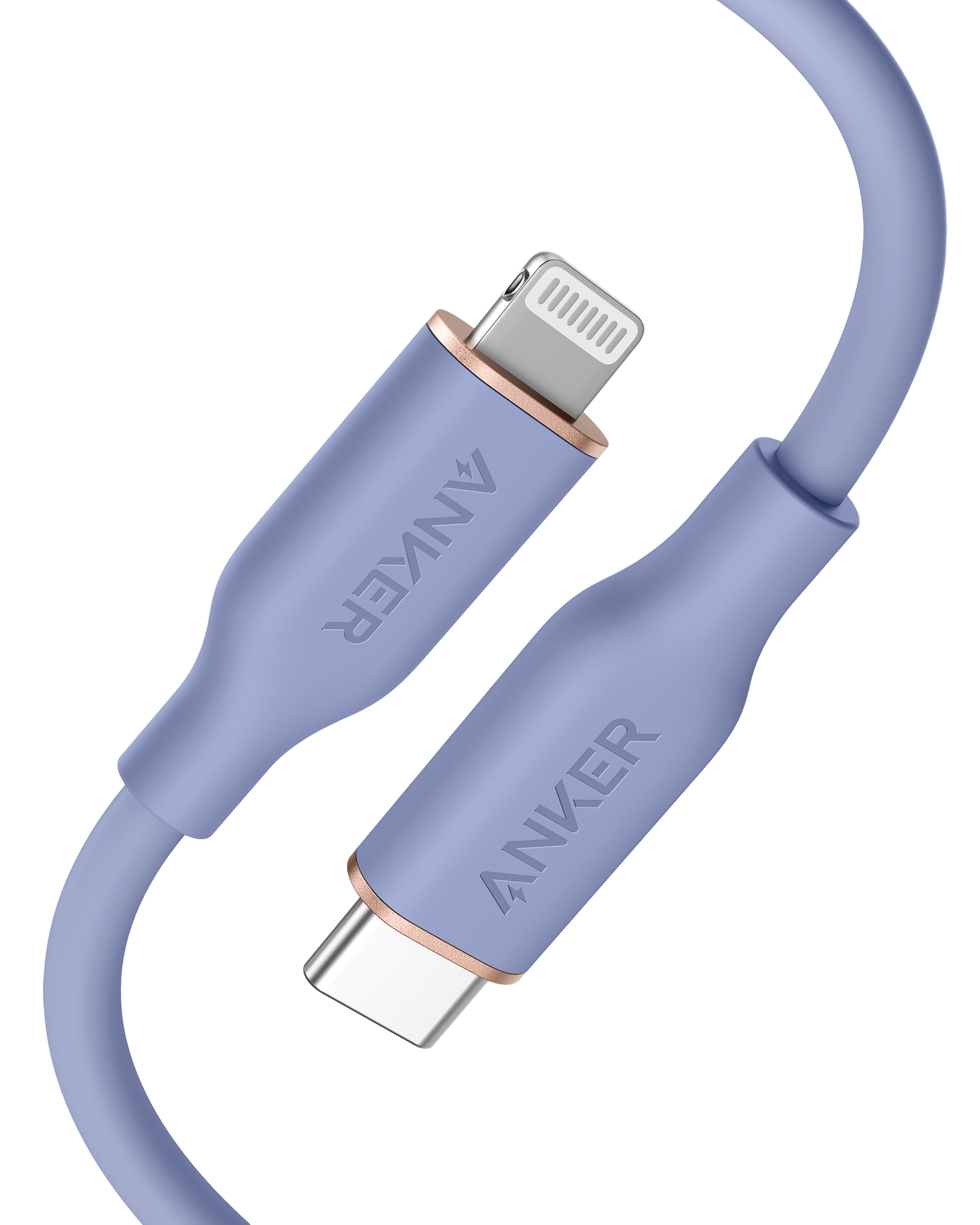 Anker 641 USB-C to Lightning silicone charging cable, MFi certified, 25K-bend rated, with a close-up of the flexible cable and connectors.