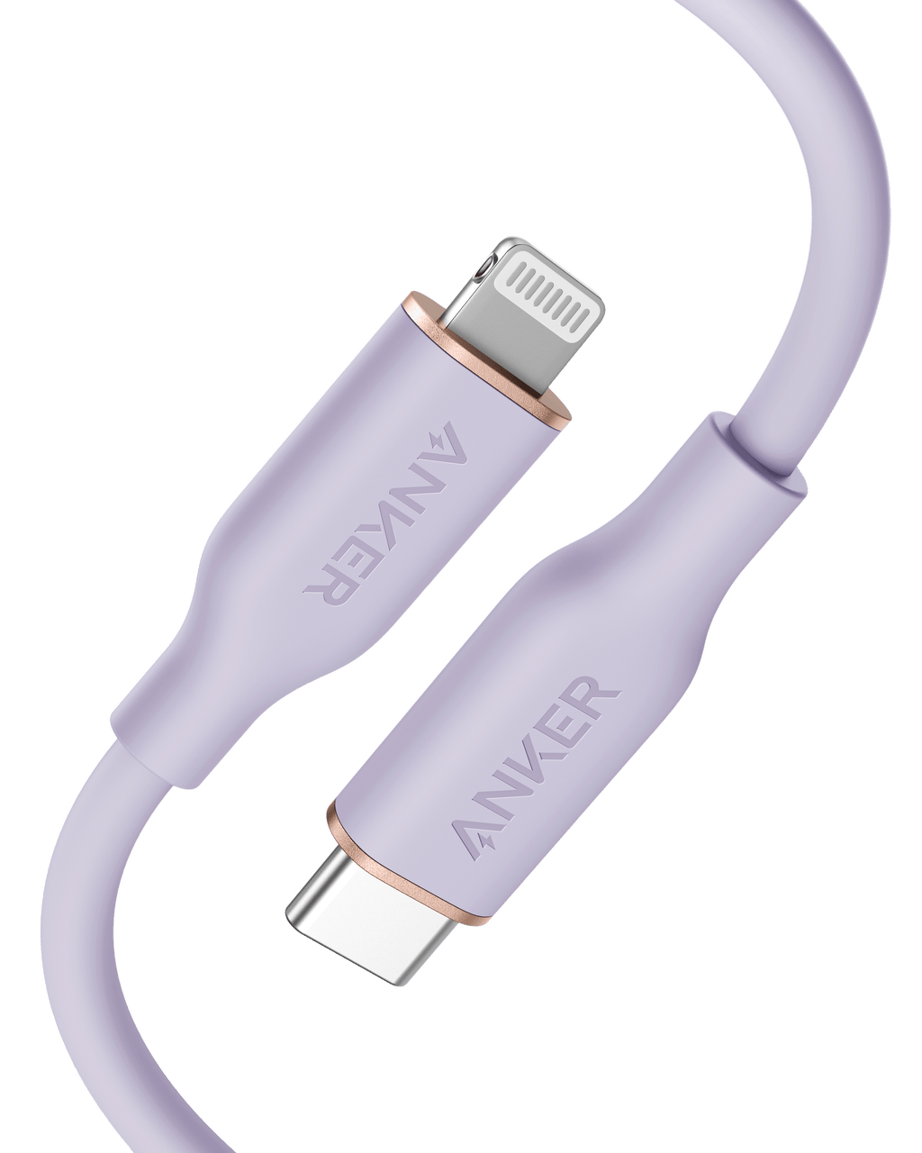Anker 641 USB-C to Lightning silicone charging cable, MFi certified, 25K-bend rated, shown with connector ends and flexible cable