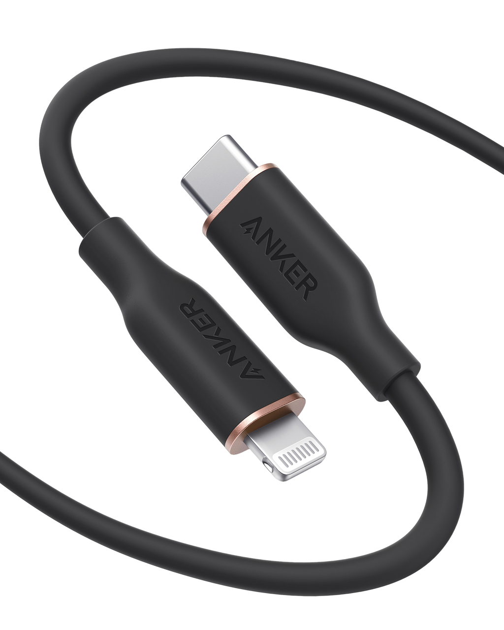 Anker 641 USB-C to Lightning silicone charging cable, MFi certified, durable bend-rated design, shown coiled on a white background.