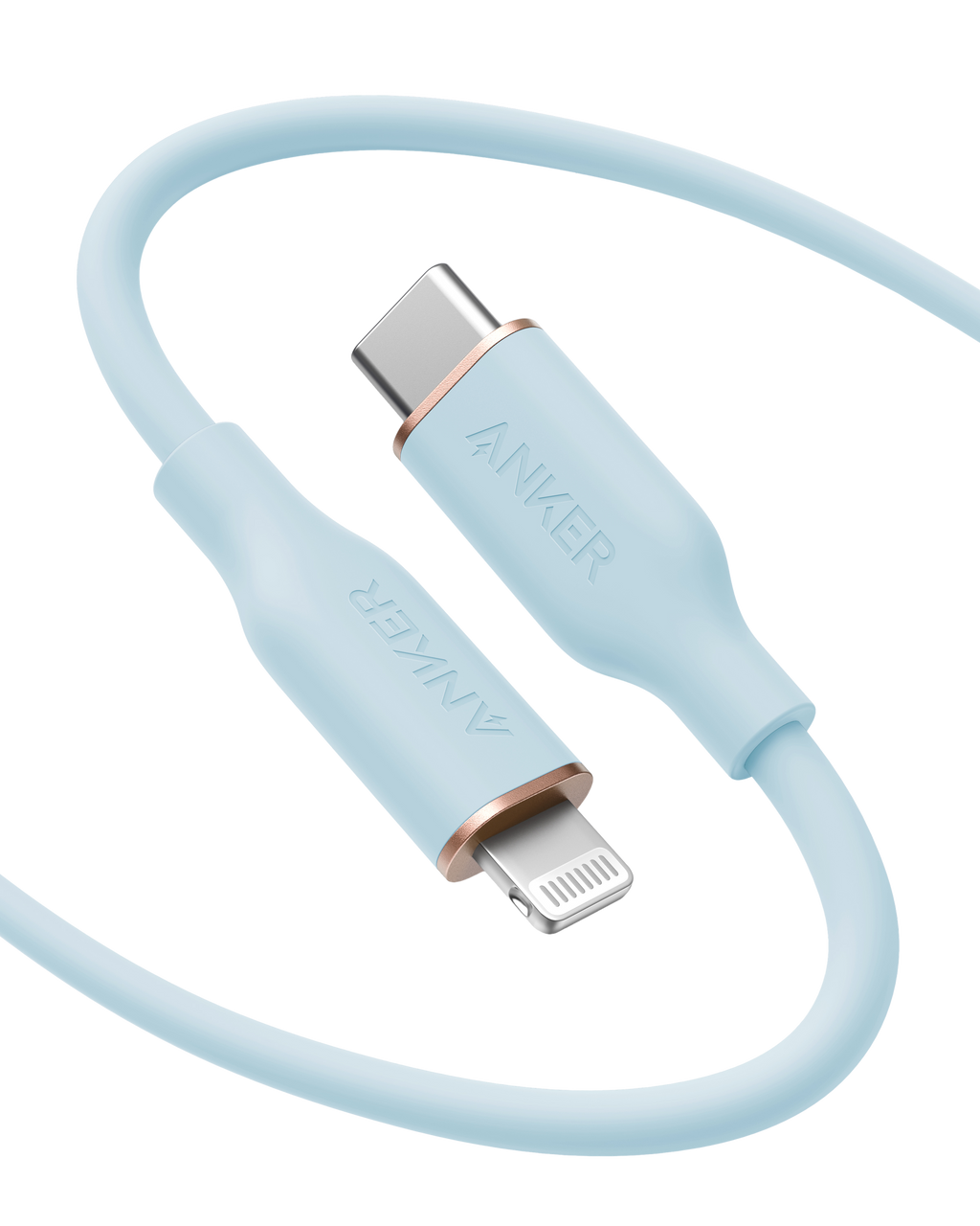 Anker 641 USB-C to Lightning silicone charging cable, MFi certified, 25K-bend rated, with a close-up view of the cable's connector.