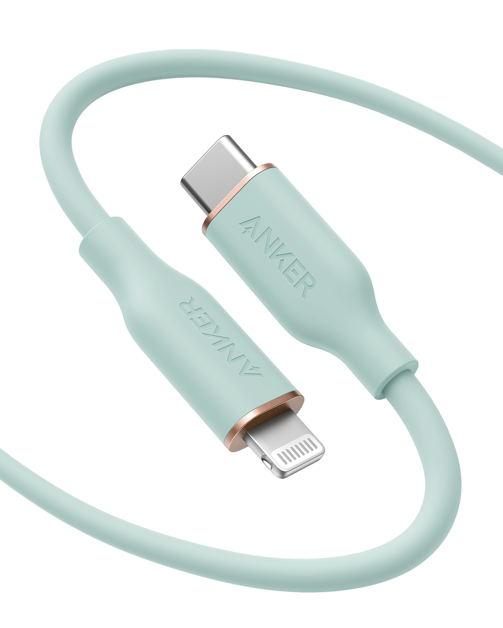 Anker 641 USB-C to Lightning silicone charging cable, MFi certified, 25K-bend rated, with a close-up of the flexible silicone design.