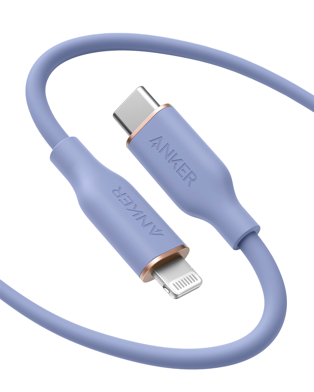 Anker 641 USB-C to Lightning silicone charging cable, MFi certified, bend-rated for durability, shown coiled with connector ends visible.